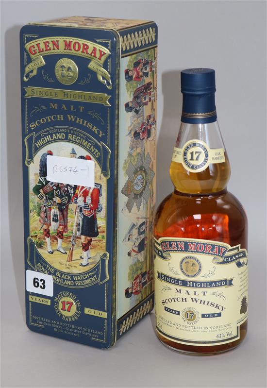 A bottle of cased Glen Moray Blackwatch 17 year old malt scotch whisky